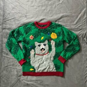 Green Christmas Sweater with Cat and Jingle Bells